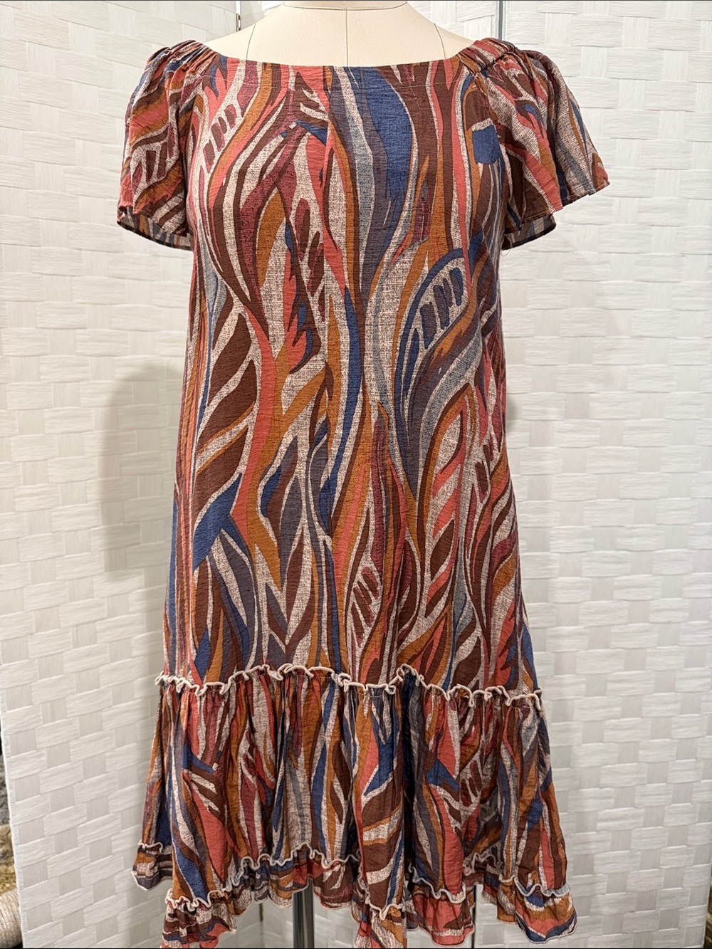 Abstract Wave Print Mini Dress in Rust & Blue